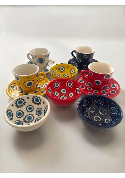 Dekoratif 4 Kişilik Şık Nazar Boncuğu Çini Tasarımlı Tamamen El Yapımı Kahve Fincanı ve 10 cm Sosluk