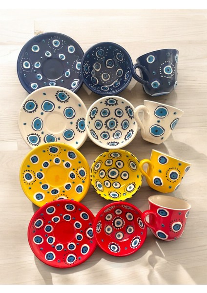 Dekoratif 4 Kişilik Şık Nazar Boncuğu Çini Tasarımlı Tamamen El Yapımı Kahve Fincanı ve 10 cm Sosluk fırsatları