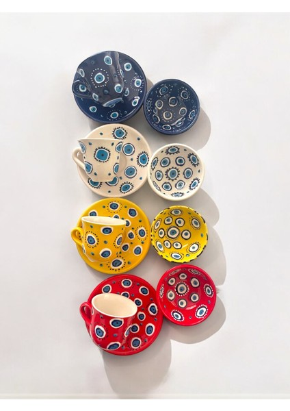 Dekoratif 4 Kişilik Şık Nazar Boncuğu Çini Tasarımlı Tamamen El Yapımı Kahve Fincanı ve 10 cm Sosluk indirimleri