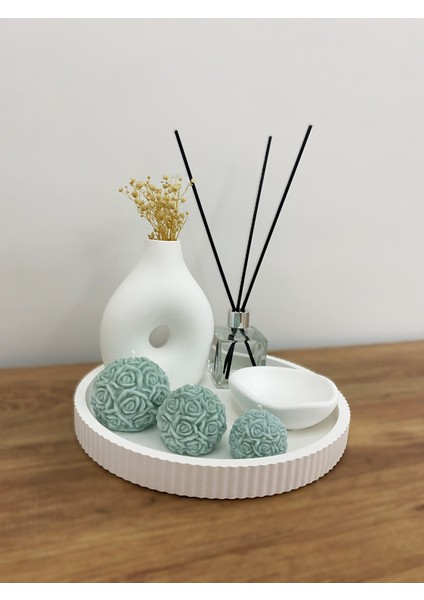 Dekoratif Vazo & Koku Şişesi & Gül Topu Mum Seti – 7 Parça Soft Modern Dekor Set