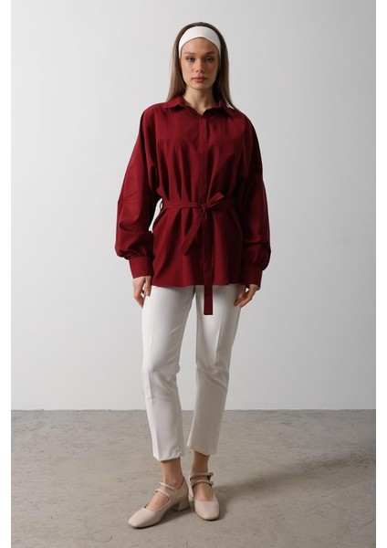 Bel Detaylı Gömlek - Bordo