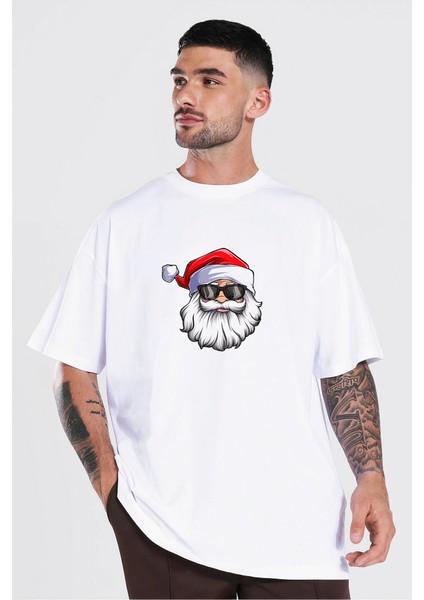 Gözlüklü Noel Baba T-Shirt - Beyaz