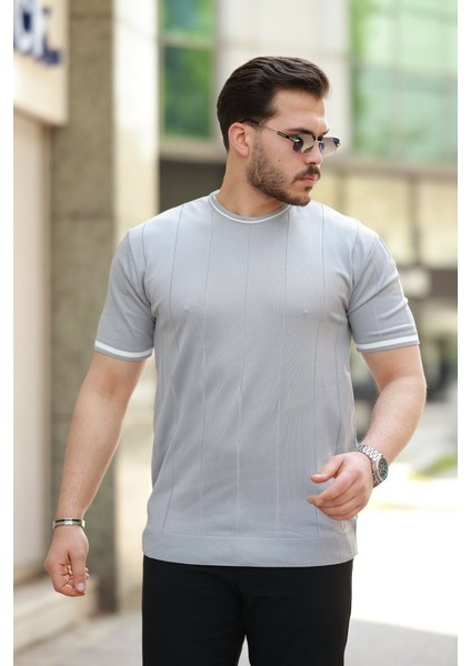 Erkek Bisiklet Yaka Çizgi Desenli Ribanalı Kısa Kollu Tshirt