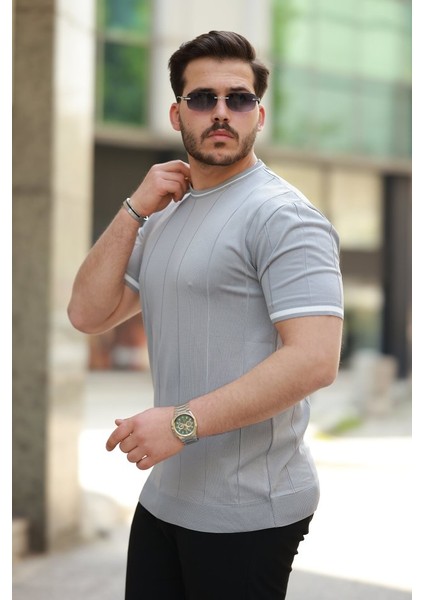 Erkek Bisiklet Yaka Çizgi Desenli Ribanalı Kısa Kollu Tshirt fiyatları