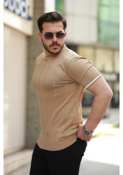 Erkek Bisiklet Yaka Çizgi Desenli Ribanalı Kısa Kollu Tshirt