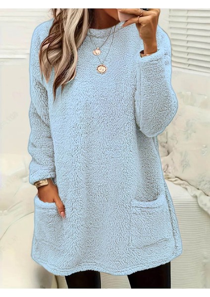 Kadın Uzun Kollu Yuvarlak Yakalı Cepli Peluş Bluz modelleri