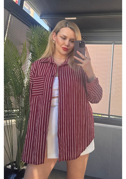Bordo Tek Cepli Çizgili Oversize Modal Gömlek fırsatları