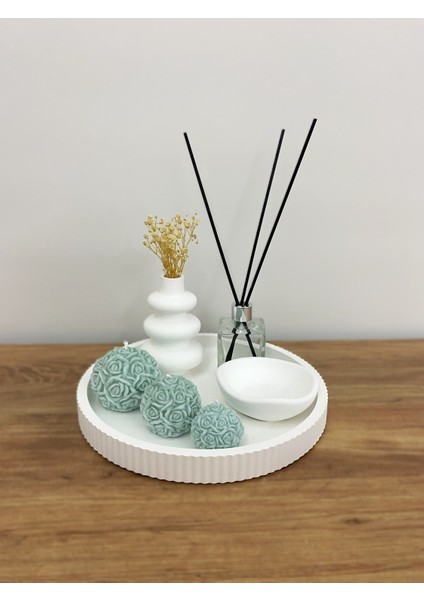 Dekoratif Iskandinav Mini Vazo & Koku Şişesi & Gül Topu Mum Seti – 7 Parça Soft Modern Dekor Seti