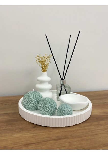 Dekoratif Iskandinav Mini Vazo & Koku Şişesi & Gül Topu Mum Seti – 7 Parça Soft Modern Dekor Seti