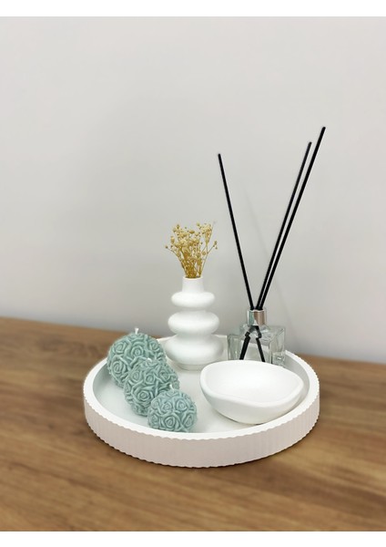 Dekoratif Iskandinav Mini Vazo & Koku Şişesi & Gül Topu Mum Seti – 7 Parça Soft Modern Dekor Seti