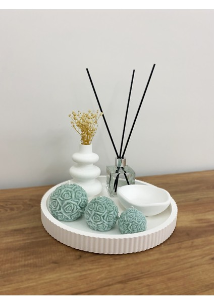 Dekoratif Iskandinav Mini Vazo & Koku Şişesi & Gül Topu Mum Seti – 7 Parça Soft Modern Dekor Seti