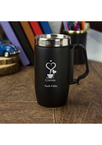 Kişiye Özel Kulplu Çelik Termos Bardak Mat Siyah 240 ml - Coffee
