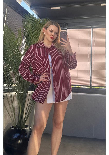 Bordo Tek Cepli Çizgili Oversize Modal Gömlek