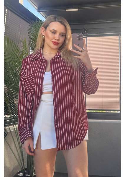 Bordo Tek Cepli Çizgili Oversize Modal Gömlek fiyatları