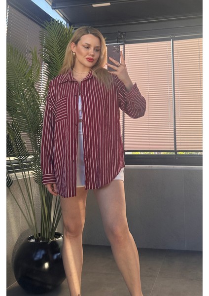 Bordo Tek Cepli Çizgili Oversize Modal Gömlek modelleri