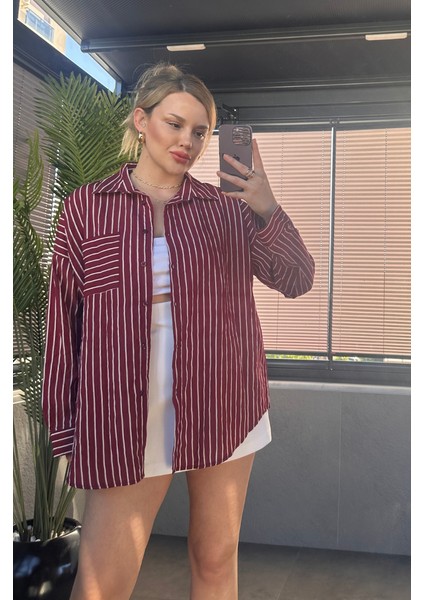 Bordo Tek Cepli Çizgili Oversize Modal Gömlek indirimleri