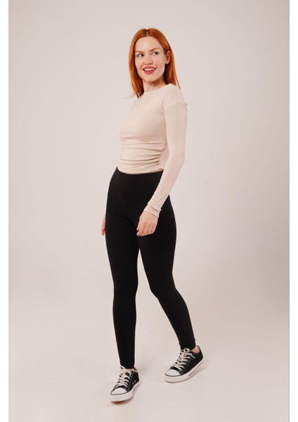 Yaka Detay Uzun Kollu Basic Krem Bluz
