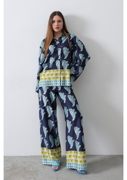Desenli Saten Bol Takım - Indigo