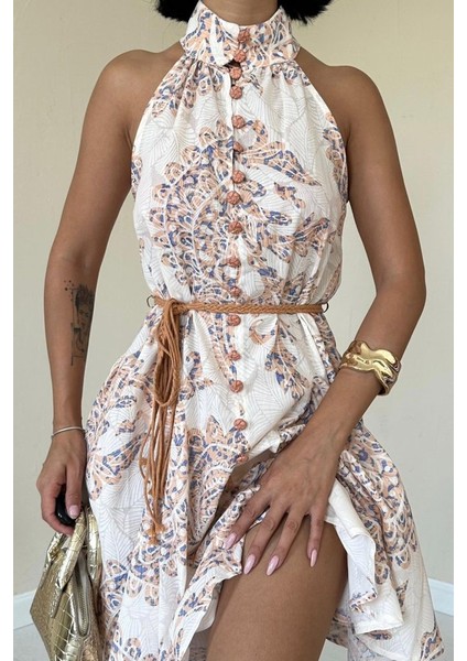Ekru Halter Yaka Elbise