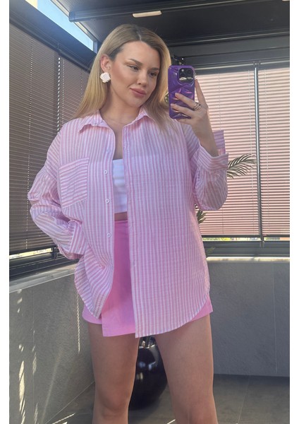 Pembe Tek Cepli Çizgili Oversize Modal Keten Gömlek