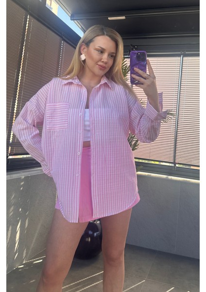 Pembe Tek Cepli Çizgili Oversize Modal Keten Gömlek fiyatları
