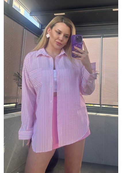 Pembe Tek Cepli Çizgili Oversize Modal Keten Gömlek modelleri
