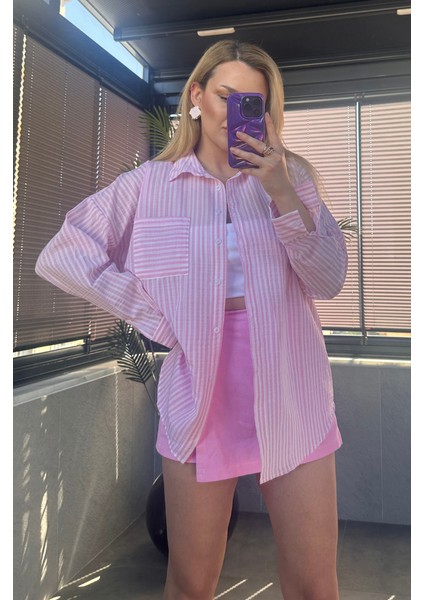 Pembe Tek Cepli Çizgili Oversize Modal Keten Gömlek fırsatları