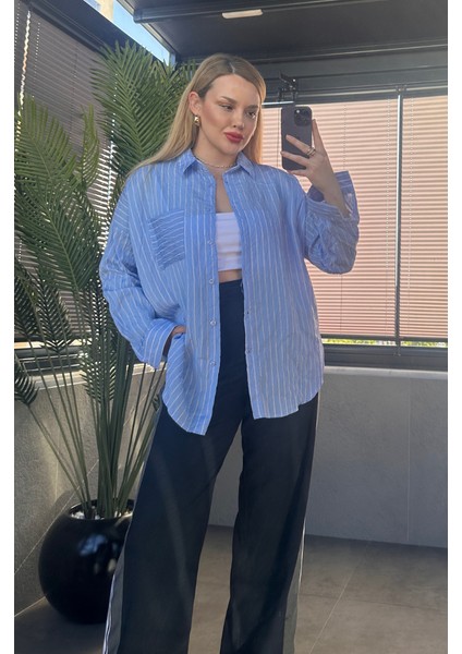 Bebe Mavisi Tek Cepli Çizgili Oversize Modal Gömlek