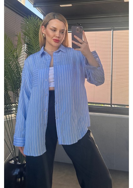 Bebe Mavisi Tek Cepli Çizgili Oversize Modal Gömlek fırsatları
