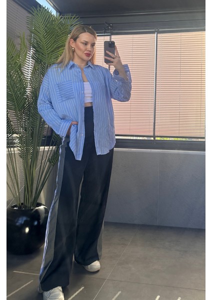 Bebe Mavisi Tek Cepli Çizgili Oversize Modal Gömlek fiyatları