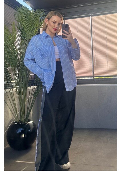 Bebe Mavisi Tek Cepli Çizgili Oversize Modal Gömlek modelleri