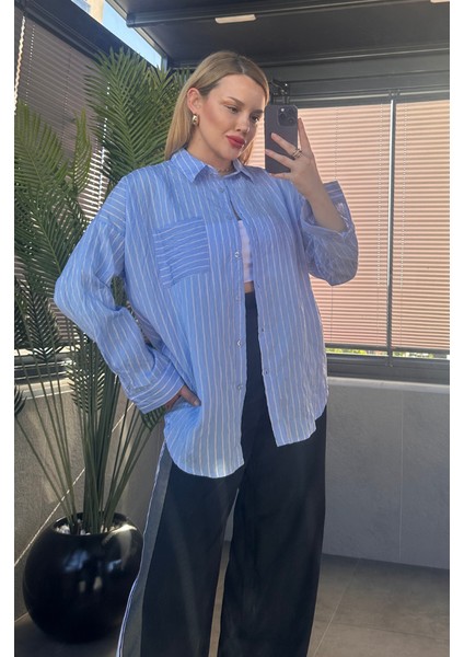 Bebe Mavisi Tek Cepli Çizgili Oversize Modal Gömlek indirimleri
