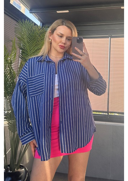 Koyu Mavi Tek Cepli Çizgili Oversize Modal Gömlek