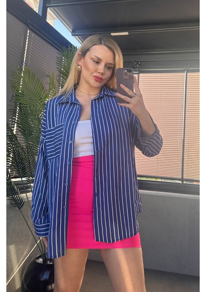 Koyu Mavi Tek Cepli Çizgili Oversize Modal Gömlek modelleri