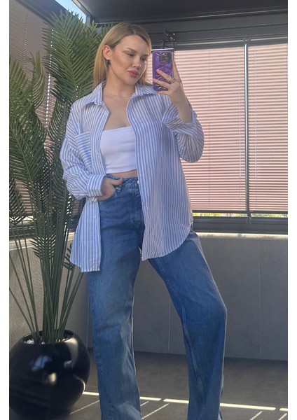 Açık Mavi Tek Cepli Çizgili Oversize Modal Keten Gömlek