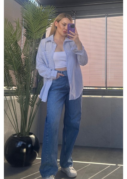 Açık Mavi Tek Cepli Çizgili Oversize Modal Keten Gömlek modelleri