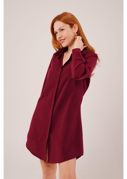 Uzun Kollu Bordo Tunik Gömlek Elbise