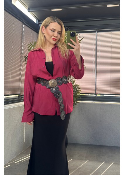 Vişne Rengi Tek Cepli Tensel Gömlek