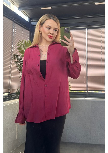 Vişne Rengi Tek Cepli Tensel Gömlek modelleri