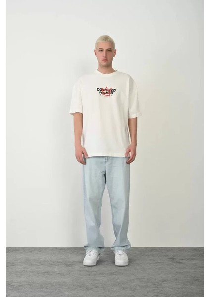 Unisex Baskılı Bisiklet Yaka Oversize T-Shirt - Beyaz