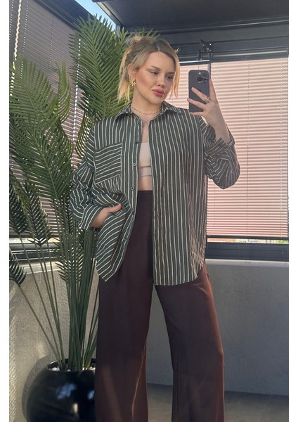 Haki Tek Cepli Çizgili Oversize Modal Gömlek