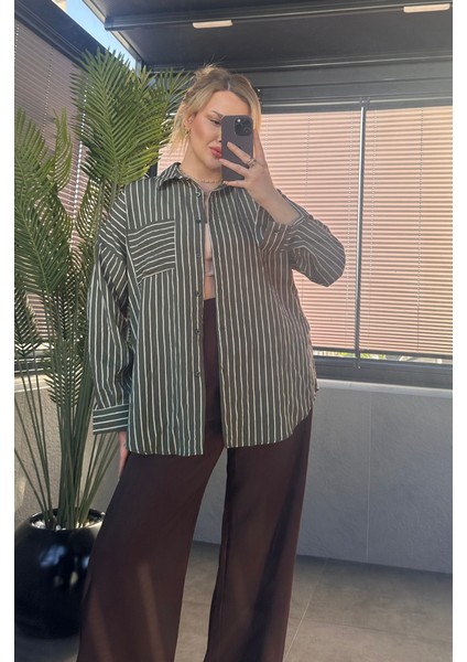 Haki Tek Cepli Çizgili Oversize Modal Gömlek fiyatları