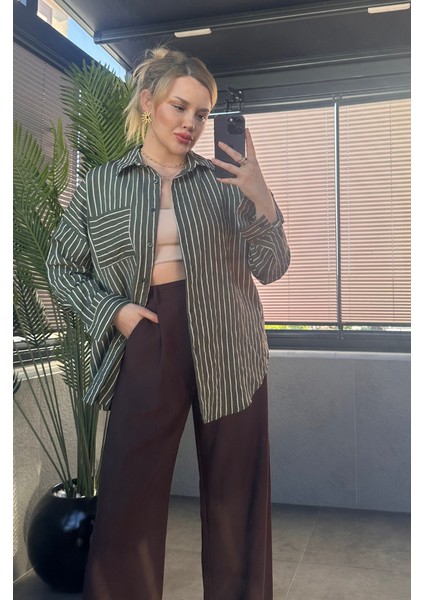 Haki Tek Cepli Çizgili Oversize Modal Gömlek modelleri