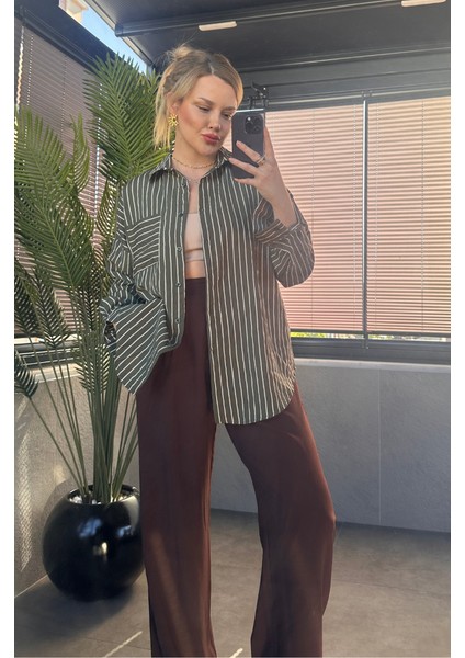 Haki Tek Cepli Çizgili Oversize Modal Gömlek fırsatları