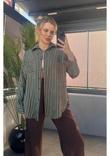 Haki Tek Cepli Çizgili Oversize Modal Gömlek indirimleri