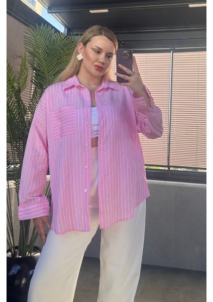 Pembe Tek Cepli Çizgili Oversize Modal Gömlek