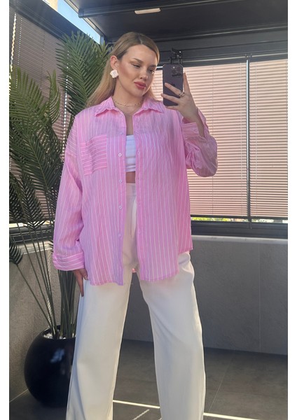 Pembe Tek Cepli Çizgili Oversize Modal Gömlek fiyatları