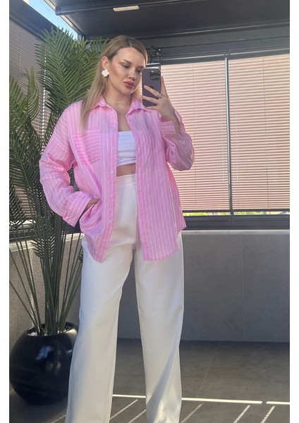 Pembe Tek Cepli Çizgili Oversize Modal Gömlek modelleri