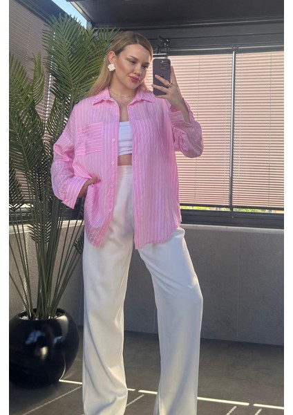 Pembe Tek Cepli Çizgili Oversize Modal Gömlek fırsatları