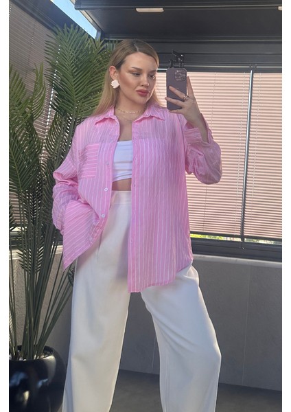Pembe Tek Cepli Çizgili Oversize Modal Gömlek indirimleri